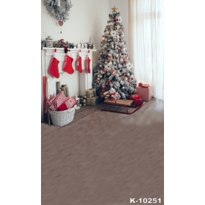 Fireplace White Christmas Tree Hat Gift Box Christmas Backdrop