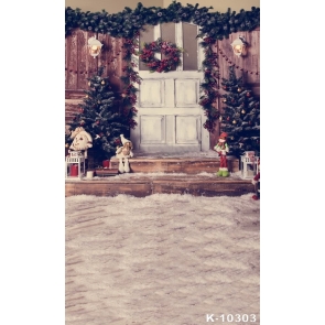 Wood Door With Christmas Trees On Both Sides Christmas Background