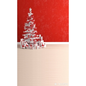 Red Wall Background Wood Floor Christmas Tree Backdrop
