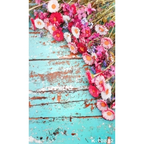 Vintage Old Blue Wooden Board Flower Combination Personalized Backdrop
