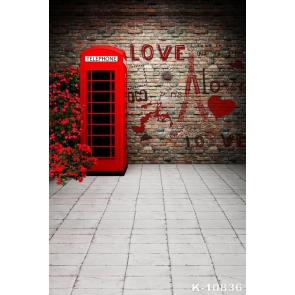 Red Telephone Booth Stone Floor LOVE Brick Wall Backdrops