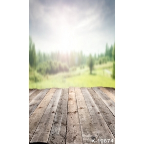 Green Mountain Trees Blurred Background Wood Floor Drop Background