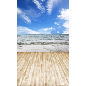Blue Sky Sea Waves Seaside Wood Floor Picture Backdrop