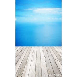 Blue Sky Sea Scenic Wood Floor Photo Wall Backdrop