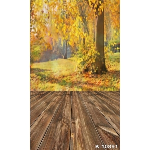 Autumn Yellow Forest Trees Rustic Wood Floor Photo Backdrops