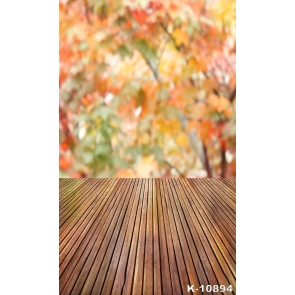 Blurred Red Leaves Background Wood Floor Picture Backdrop  