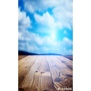 Blue Sky White Clouds Blurred Background Wood Backdrops for Photography