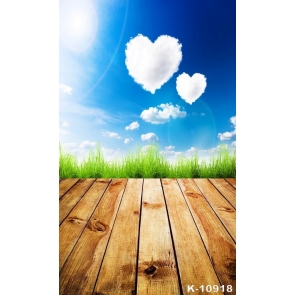 Blue Sky White Heart Shaped Clouds Green Grass Wood Photographic Backdrops