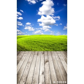 Blue Sky White Clouds Green Grassland Wood Floor Scenic Picture Backdrop