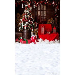 Rustic Wood House Outdoor Christmas Tree Bells Gifts Photo Backdrop
