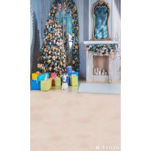 Indoor Living Room Fireplace Christmas Tree Gifts Blue Wall Photo Backdrops