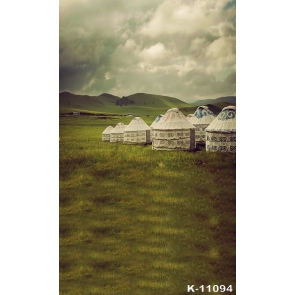 White Mongolian Tents on Green Grassland Scenic Drop Studios Backdrops