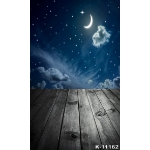 Night Stars Moon Clouds Wood Floor Photo Wall Backdrop