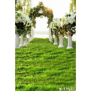 Outdoor Green Ground White Flowers Wedding Picture Vinyl Backdrop