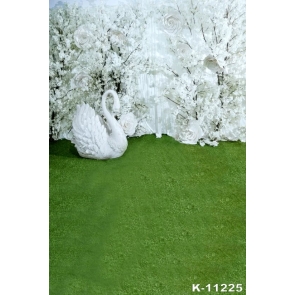 Romantic White Flowers Swan Green Grassland Wedding Background Drops for Photography