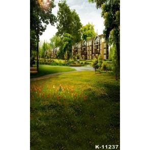 Spring Green Trees Grassland Residential Area Scenic Photography Backdrops