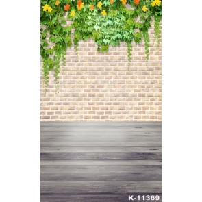 Wooden Floor Green Creeping Plant Plain Brick Wall Backdrops