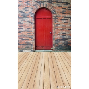 Red Door Brick House Plank Floor Building Vinyl Photo Backdrops