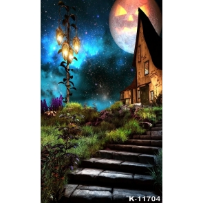 Stone Ladder Pumpkin Moon Shape Halloween Photo Backdrop