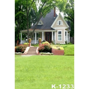 Green Grassland in front of the House Scenic Photo Drop Background