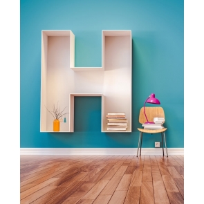 Living Room H Shaped Bookshelf Wood Floor Blue Wall Background Photo Backdrops