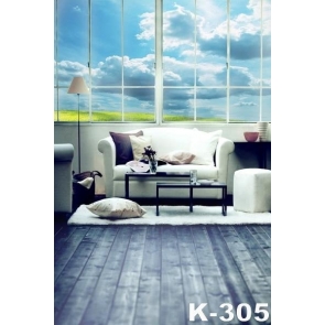 Blue Sky White Cloud Glass Window Wood Floor Sofa Background Indoor Backdrops