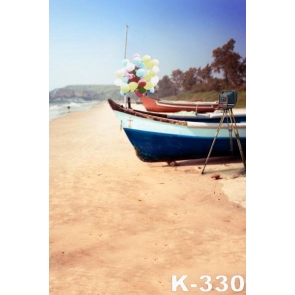 Colorful Balloons Broken Boat on Beach Backdrop