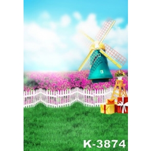 Blue Sky White Clouds Green Grass Flower Windmill kid's Vinyl Backdrops