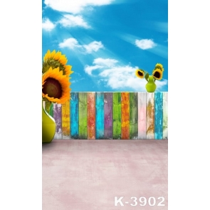 Blue Sky White Cloud Sunflower Wood Fence Kid's Photo Photography Background