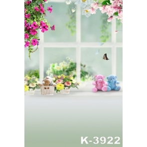 Window Flowers Cute Decoration Bear For Children Vinyl Backdrops