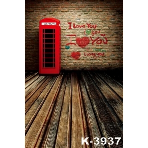  Vintage Red Telephone Booth Wooden Floor Brick Wall Backdrops