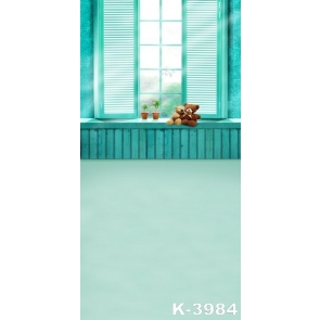 Blue Wood Window Toy Bear Photography Backdrop For Children