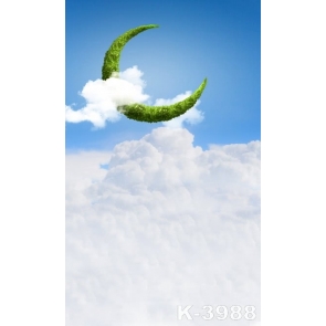 White Thick Clouds Green Crescent Moon Vinyl Photo Backdrops Studio Background