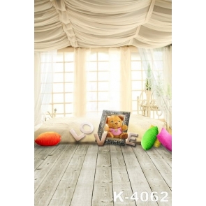 Marriage Room Plank Floor Bed Pillow White Yarn Wedding Photo Backdrops