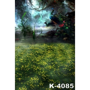 Green Grass Yellow Flowers Peacock Scenic Vinyl Photography Backdrops 