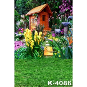 Green Grassland Flowers Small Wood House Scenic Camera Backdrops