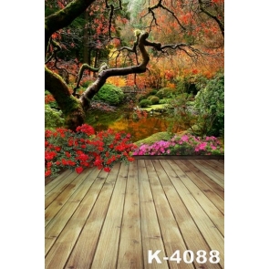 Spring Flowers Green Trees Wood Floor River Scenic Garden Backdrop