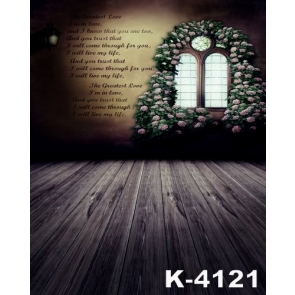 Retro Plank Floor Flowers around Window Vinyl Wedding Photo Backdrops