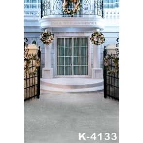 White Villa Iron Gate Flowers Wedding Photo Backdrops Vinyl Background