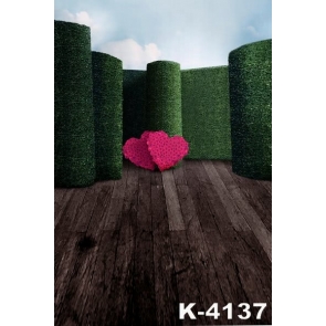 Plank Floor Green Background Heart Shaped Flowers Wedding Vinyl Photography Backdrops