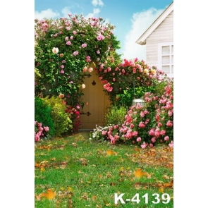 Flowers Green Grass Land Outside the House Scenic Photo Wall Backdrop