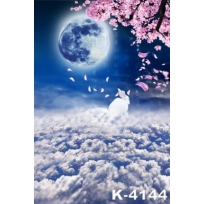 Rabbit in Clouds Round Moon Flowers Scenic Wall Backdrops