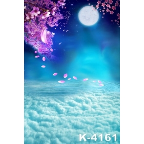Moon above Seas of Clouds Flowers Scenic Wall Backdrop