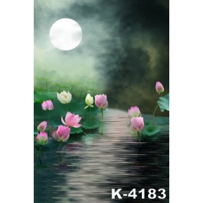 Lotus Leaf Flowers under Moonlight Scenic Wall Photo Backdrops