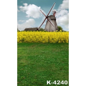 Yellow Cole Flowers Windmill Green Grassland Scenic Photo Prop Background