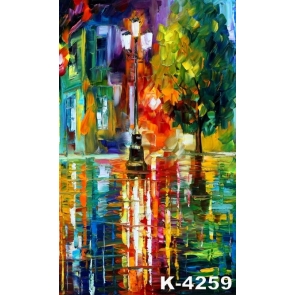 Multicolor Tree Street Building Oil Painting Personalized Wall Backdrops