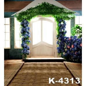 Green Leaves Blue Flowers Front Door Wedding Photographic Backdrops