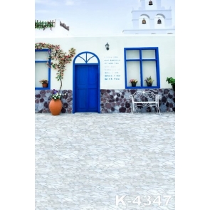 Outside White Building Blue Door Vinyl Photo Drop Background