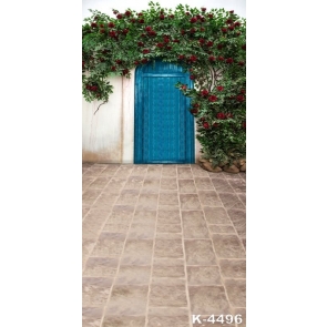 Green Leaves Red Flowers Blue Wood Door Photo Wall Backdrop
