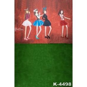 Green Grassland Red Wall Girls Painted Photography Backdrops